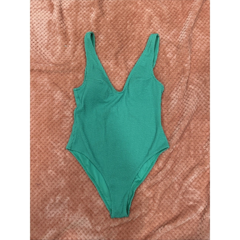 H&M Crinkle Scrunch Textured High Leg  One Piece Swimsuit‎ Green  Size Small